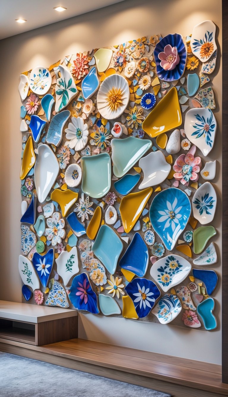 A decorative wall art mosaic made from broken china pieces displayed on a neutral wall in a modern interior.